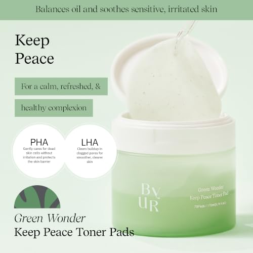 ByUR Green Wonder Toner Pads for Sensitive Skin - Gentle Exfoliation & Soothing, Organic Cotton, 70 Count
