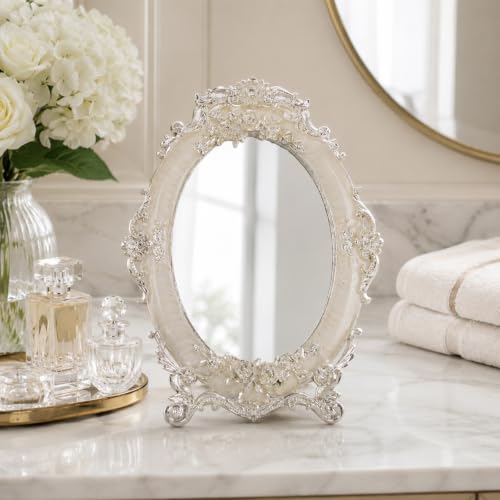 Nerien Vintage Tabletop Makeup Mirror with Stand - Oval Rose Embossed 5x7"