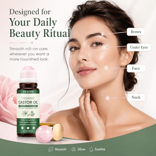 Thicair Organic Castor Oil Rose Quartz Roller Ball for Eyebrows, Face & Neck - 1.7 Fl Oz - Unscented, Hexane-Free, Brightening & Nourishing - Variation 1
