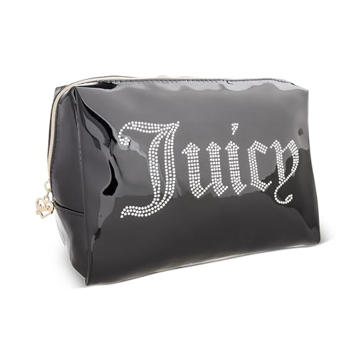 Juicy Couture Black Makeup Bag Cosmetics Organizer Travel Essentials Zip Top Wedge Shiny Patent Rhinestones