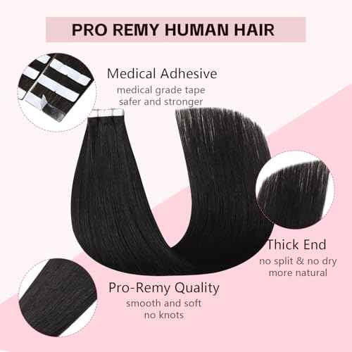 Invisible Tape in Hair Extensions Real Human Hair Pro3.0#1B Natural Black 20pcs 30g 14inch Seamless Injected Hand-Tied Invisi Edge Tape ins Extensions 3rd-Generation£¨#1B-14inch£©