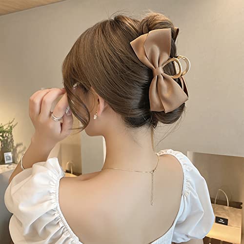 Satin Bow Claw Clip Large Hair Bow Khaki Bow Hair Clip for Women Casual & Formal Wear Stylish and Elegant Big Hair Bow Non-slip Strong Hold For Girls and Women with Thick and Thin Hair