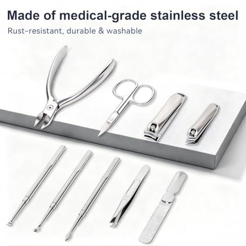 9-in-1 Professional Manicure Pedicure Set - Stainless Steel Grooming Kit with Leather Case