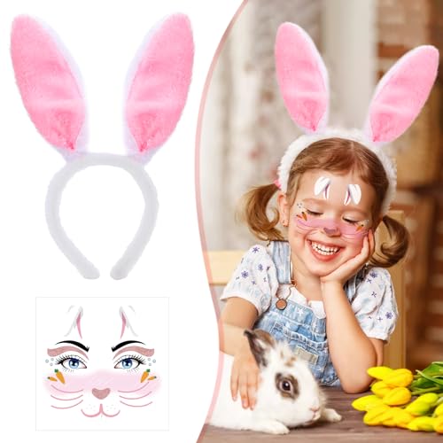 Konsait Bunny Ears Headband with Bunny Face Stickers Tattoos, Easter Bunny Ear Headband Rabbit Temporary Makeup Face Tattoos Rabbit Costume Accessories for Women Girls