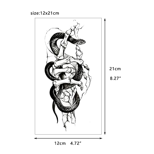 GLARYYEARS Temporary Tattoo for Adults, 24-Pack Large Creative Realistic Tattoos, Black Design Variety Pack Fake Tattoo Stickers for Women Men Body Arm, Long-lasting Snake Skull Tattoos for Halloween