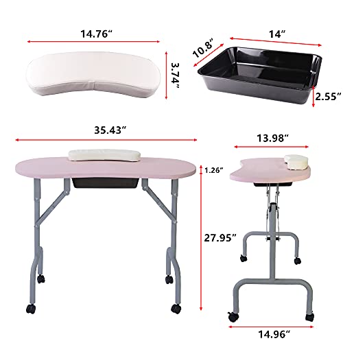 Pink Foldable Manicure Table with Drawer & Client Wrist Cushion - Portable Nail Tech Desk 36-inch