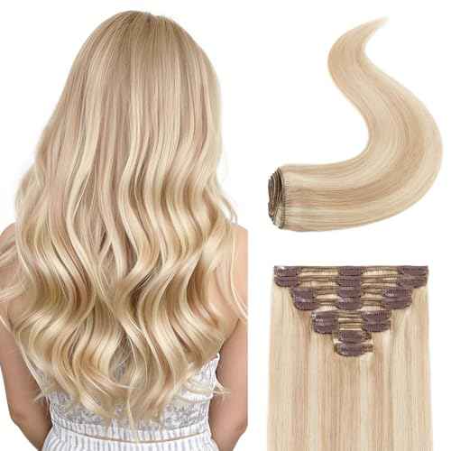 S-noilite Clip in Hair Extensions Human Hair, Ash Blonde to Bleach Blonde Balayage Remy Hair Extensions Double Weft 10 Inch Short Black Human Hair Extensions Clip ins for Women 110g 8pcs(#18P613)