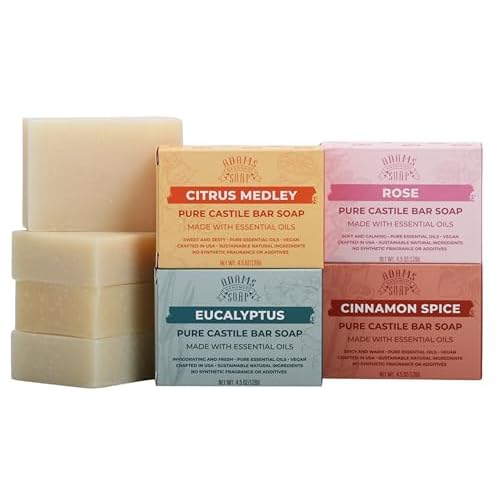 Adams Handmade Soap Variety Pack ? 4 Bar Set: Cinnamon Spice, Eucalyptus, Rose, Citrus Medley | Vegan, Cold Process, 84% Organic, Essential Oils, USA Made