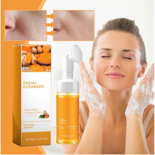 2Pcs Glow Wash Turmeric Facial Cleanser With Brush, Deep Cleansing Exfoliating Turmeric Foaming Face Wash, for All Skin.