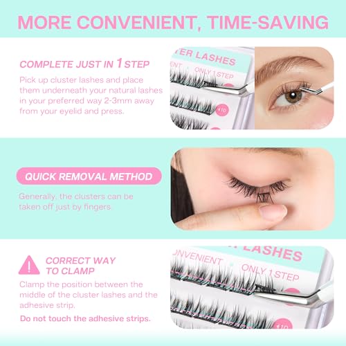 CALAILIS Self Adhesive Eyelashes 120Pcs D Curl Press on Wispy Lash Clusters No Glue Needed DIY Cluster lashes Pre Glued Reusable Glueless Eyelash Clusters Kit with Tweezers for Beginners (ZBP08)