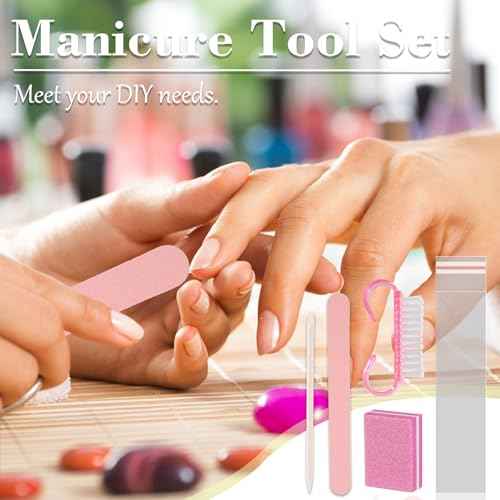 Disposable Manicure kit Press On Nail Tool Kit for Salon Home, Mini Nail Buffer, Nail File, Wood Stick, Nail Brush (Pink, 50 Set)