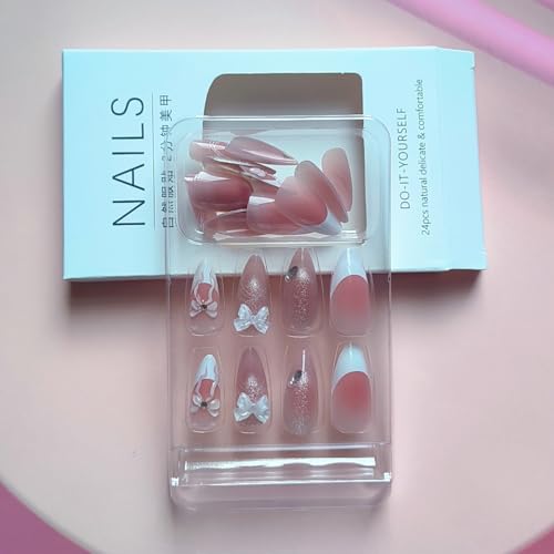 YIHONGYAN Almond Cat Eye Bow Nail Kit - French Press-On False Nails for Women, Blush Art Tips, 24Pcs