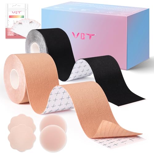 VBT 2 Pack Boob Tape - Breast Lift Tape, Body Tape for Breast Lift w 2 Pcs Silicone Breast Reusable Adhesive Bra& 2 Pcs Fabric Nipple Covers, Bob Tape for Large Breasts A-G Cup, Black&Nude