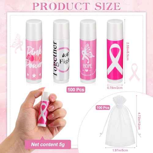 Fumete 100 Sets Breast Cancer Awareness Accessories Gifts Lip Balm Bulks Pink Ribbon Breast Cancer Awareness Items Decorations Natural Ingredients Survivor Gifts Items for Girl Women