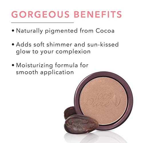 100% PURE Cocoa Pigmented Bronzer, Cocoa Kissed, Bronzer Powder for Face, Contour Makeup, Soft Shimmer, Sun Kissed Glow (Medium Brown w/Neutral Undertones) - 0.32 Oz
