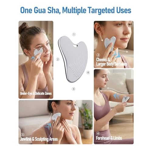 Yeamon Gua Sha Facial Tools & Face Roller Set, Stainless Steel Gua Sha & 3-in-1 Face Rollers for Jawline, Cheeks & Under-Eye, Ice Roller, Massager, Skin Care Tools for Women
