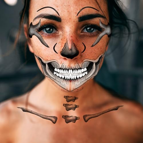 6-Pack Skull Temporary Tattoos – Halloween Skeleton Face Stickers