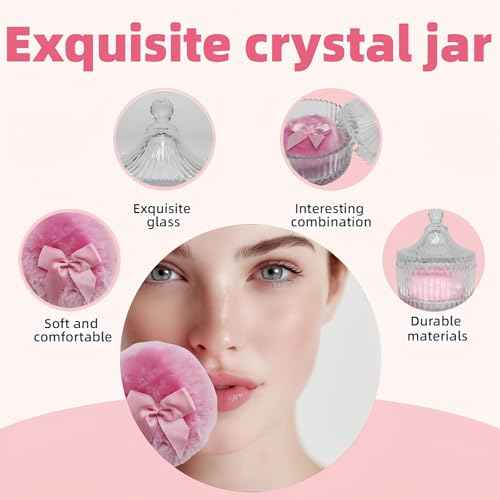 2 Pcs Large Body Powder Puff and Container Powder Container with Puff Crystal Case Soft Washable Reusable Velour Face Body Glitter Wet Dry Makeup (Pink)