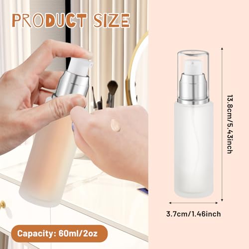 6 Pcs 60ml/2oz Frosted Glass Pump Bottles Refillable Liquid Foundation Bottle Cosmetic Containers Jars with Pump Dispenser for Makeup Cream Body Cream Lotion - Silver