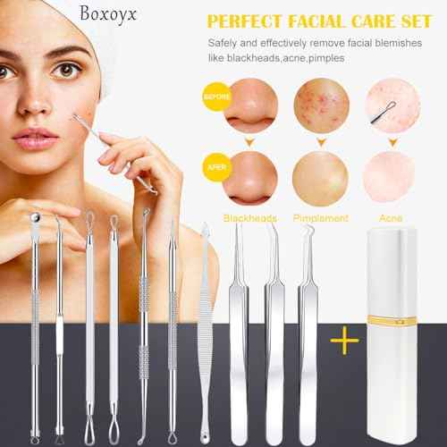 Pimple Popper Tool Kit - Boxoyx 10 Pcs Blackhead Remover Comedone Extractor Kit with Metal Case for Quick and Easy Removal of Pimples, Blackheads, Zit Removing, Forehead,Facial and Nose(All Silver)