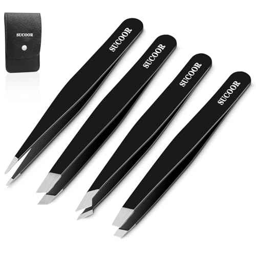 Tweezers for Women Facial Hair, 4Pcs Professional Beauty Tools Stainless Steel Precision Eyebrow Tweezers for Splinter Blackhead and Ingrown Hair Removal, Black