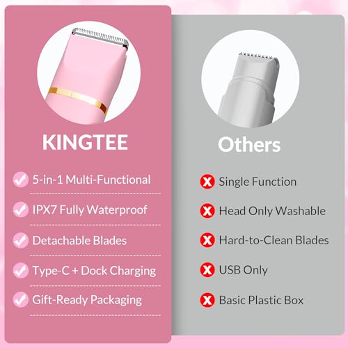 KINGTEE 5-in-1 Electric Bikini Trimmer for Women ? IPX7 Waterproof Shaver, Cordless Body & Facial Razors for Women, Ceramic Blades, USB-C Rechargeable, Painless Hair Removal Kit (Pink)