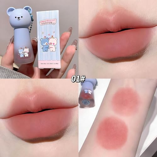 4 Colors Matte Red Liquid Lipstick Set,Cute Bear Velvet Cream Long Lasting High Impact Color Lipstick,Longwear Vegan Smooth Whip Lipstick Set for Women Valentine's Gift