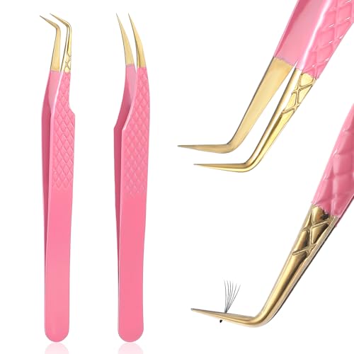 2Pcs Lash Tweezers for Eyelash Extensions 90 Degree Eyelash Extension Tweezers Fiber Tip Lash Tweezers False Eyelash Tweezers Lash Cluster Tweezers for Volume Lashes, Pink