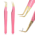 2Pcs Lash Tweezers for Eyelash Extensions 90 Degree Eyelash Extension Tweezers Fiber Tip Lash Tweezers False Eyelash Tweezers Lash Cluster Tweezers for Volume Lashes, Pink