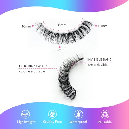 False Eyelashes D Curl Wispy Natural Look Faux Mink Lashes Fluffy Transparent Band Cat Eye Fake Eyelashes 10 Pairs (Black)