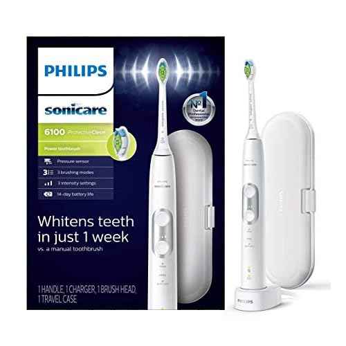 PHILIPS Sonicare ProtectiveClean 6100 Rechargeable Electric Toothbrush, with Pressure Sensor, 3 Cleaning Modes, SmarTimer and QuadPacer, 14-Day Battery Life, Travel Case, White, Model HX6877/21