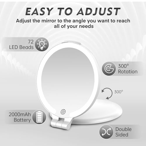 FUNTOUCH Travel Mirror with Lights and Magnification, 1X/10X Double Sided Makeup Vanity Mirror with 3 Color Setting, Christmas Birthday Gifts for Women Girls with Bag