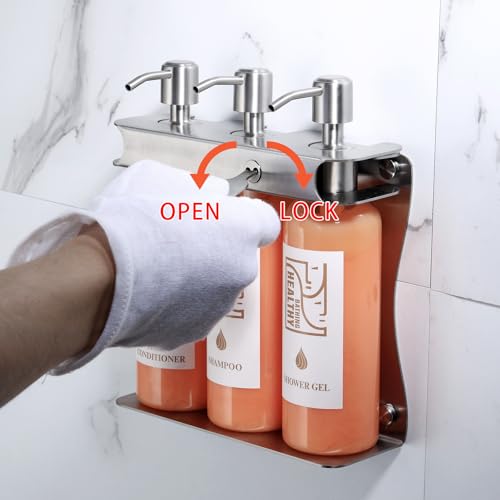 Brushed Silver Shampoo, Conditioner, Body Wash Dispenser Eco-Friendly 3 Compartment Refillable Shampoo and Conditioner Pump Bottle, Wall Mounted Slot Shower Soap Dispenser (KCLS-3)