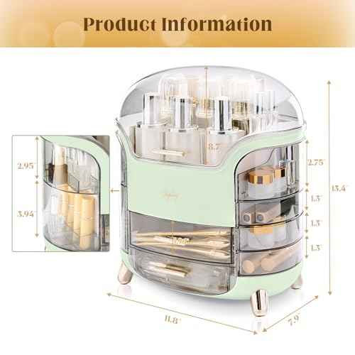 Makeup Organizer and Storage, Large Capacity Cosmetics Organizer with Waterproof and Dustproof, Makeup Organizer for Vanity with Lid and Drawer, Fit Bathroom,Bedroom, Desk,Countertops - Green