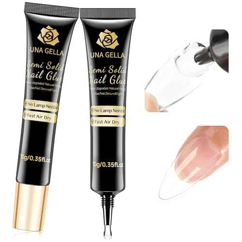 UNA GELLA No Lamp Need Solid Nail Glue for Press Ons: Nails Acrylic Nails Super Strong Semi Nail Glue Gel Fast Curing 10ml*2pcs Long Lasting Gel Glue Kit