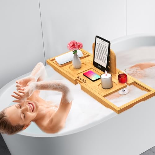 Expandable Bamboo Bathtub Tray with Non-Slip Grips