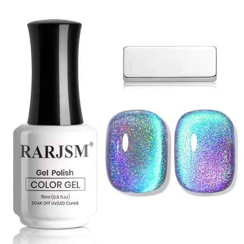 RARJSM Rainbow Cat Eye Gel Nail Polish Blue Purple Aurora Holographic Laser Iridescent Glitter Sparkle 9D Cateye Gelpolish with Magnet Stick Soak off UV LED Curing Requires Home Salon Diy