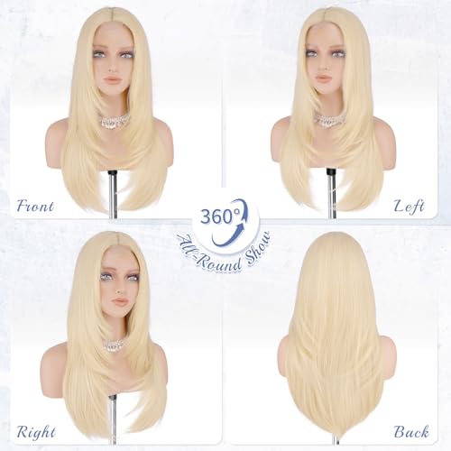 Haloo 24 Inch Blonde Wig with Curtain Bangs - Lace Front Synthetic Hair