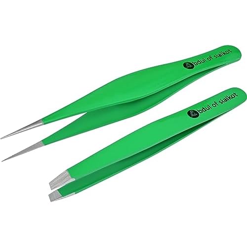 Tweezers for Women & Men -Professional, Stainless Steel, Slant and Pointed Tweezers for Ingrown Hair, Splinters and Blackhead Removal Set of 2 (Green)