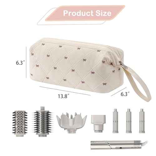 Large Quilted Hair Tools Travel Bag with Bow Pattern,Waterproof Hair Styling Accessories Storage Case for Shark FlexStyle, Dyson Airwrap Hair Dryer, Curling Iron, Revlon Hair Tools(Beige)