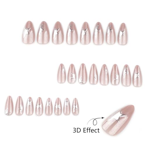 Medium Almond Press On Nails - Nude Pink Cat Eye with Silver Stars