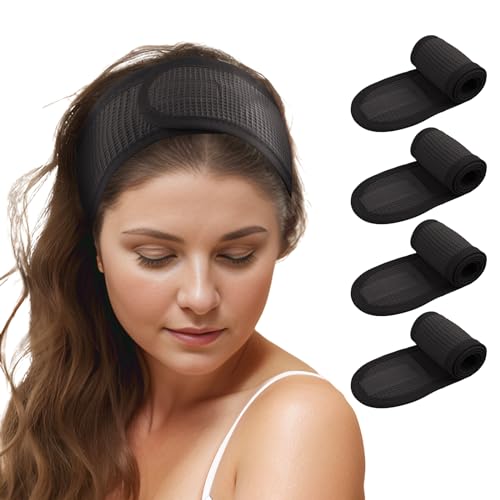 TopTie 4PCS Cotton Spa Headband - Black Waffle Terry Cloth