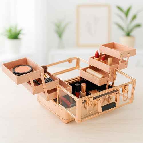 Ver Beauty Rose Gold Diamond Makeup Train Case with 6 Accordion Trays ? Lockable Cosmetic Organizer with Spacious Interior & Clear Acrylic Top