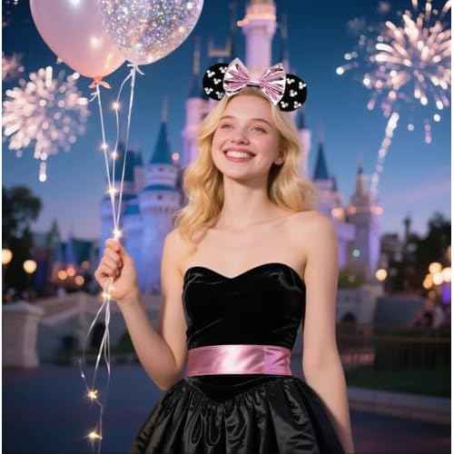 Black Velvet Mouse Ears Headband, Metallic Pink Bow & Crystal Accents for Nightlife & Theme Parks