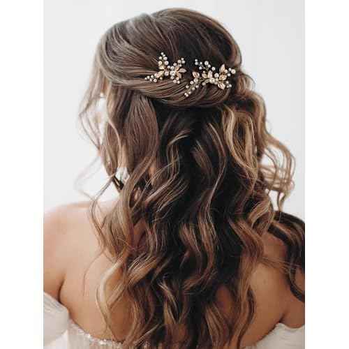 SWEETV 2Pcs Bridal Hair Accessories Pearl Bride Wedding Hair Pins Leaf Bridal Head Piece Rhinestones Hair Jewelry Gold Hair Accessories for Women and Girls