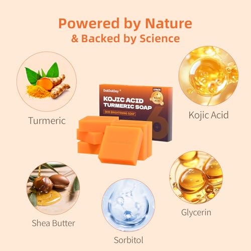 Turmeric Soap Bar Dark Spots for Face & Body, Kojic Acid soap Deep Cleansing, Gentle Soap Sensitive Skin Formula, All Skin Types 60g x 6 Bars