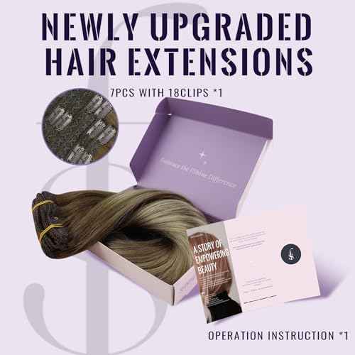 Fshine Clip in Hair Extensions Real Human Hair Dark Brown to Ash Brown Highlight Medium Blonde Clip Ins Double Weft #3/8/22 120g 22inch 7pcs Girl Boss Everyday Upgrade