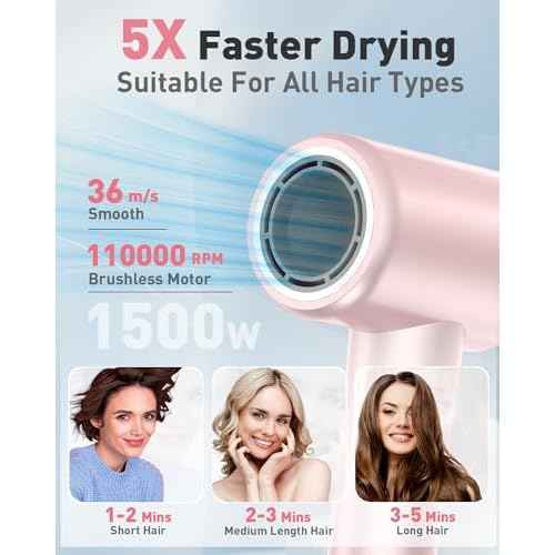 Hair Dryer,110,000 RPM Professional Blow Dryer - Brushless Motor with Negative Ionic Technology for Faster Drying,Magnetic Nozzle,Compact Design for Women Home&Travel Use,Pink