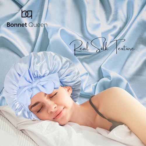 BONNET QUEEN Silk Bonnet for Sleeping Women Satin Bonnet Hair Bonnet Night Sleep Cap Scarf wrap for Curly Hair with tie Band Light Blue