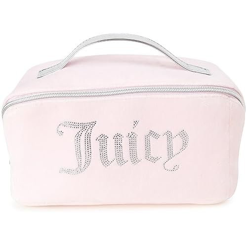 Juicy Couture Pink Makeup Bag Cosmetics Organizer Travel Essentials Cross Zip Velour Rhinestone Silver Handle
